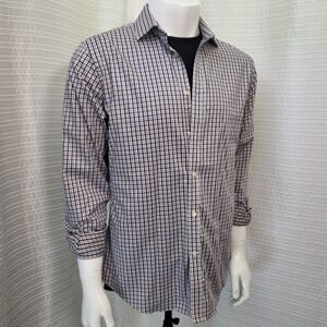 TOMMY HILFIGER Shirt Button Regular Fit Stretch Plaid Blue Tan Men's 15.5 34/35